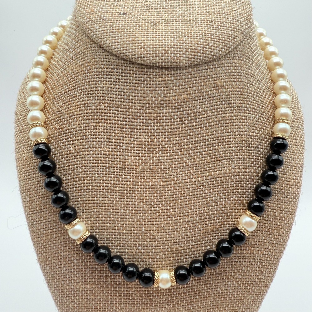 Vintage 16.5" Signed‎ Marvella Costume Necklace w/ Faux Pearls and Black Beads